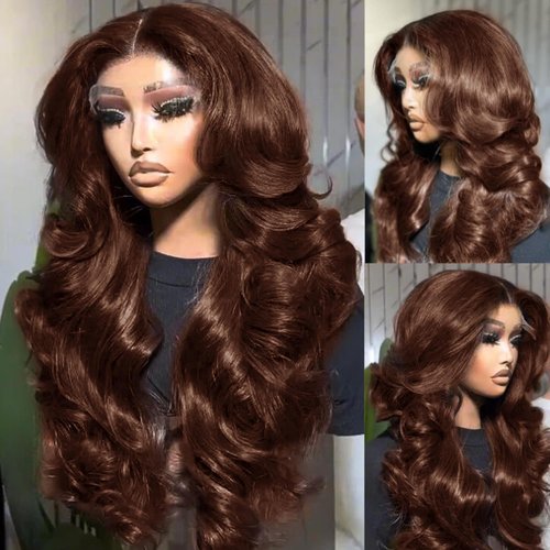 200 Density 13X6 Chocolate Brown Body Wave Lace Front Wigs Human Hair 13x6 HD Transparent Lace Front Wigs For Women Auburn Brown Colored with Baby Hair Glueless Wigs Human Hair Full And Thick 18 Inch