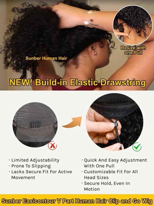 Sunber EasiContour V Part Human Hair Ombre Chestnut Brown Curly Glueless Wig Upgrade Vpart Wigs No Leave Out No Gel 180% Density V Shape Clip Wigs No Sew in Ready to Go Beginner Friendly 18Inch