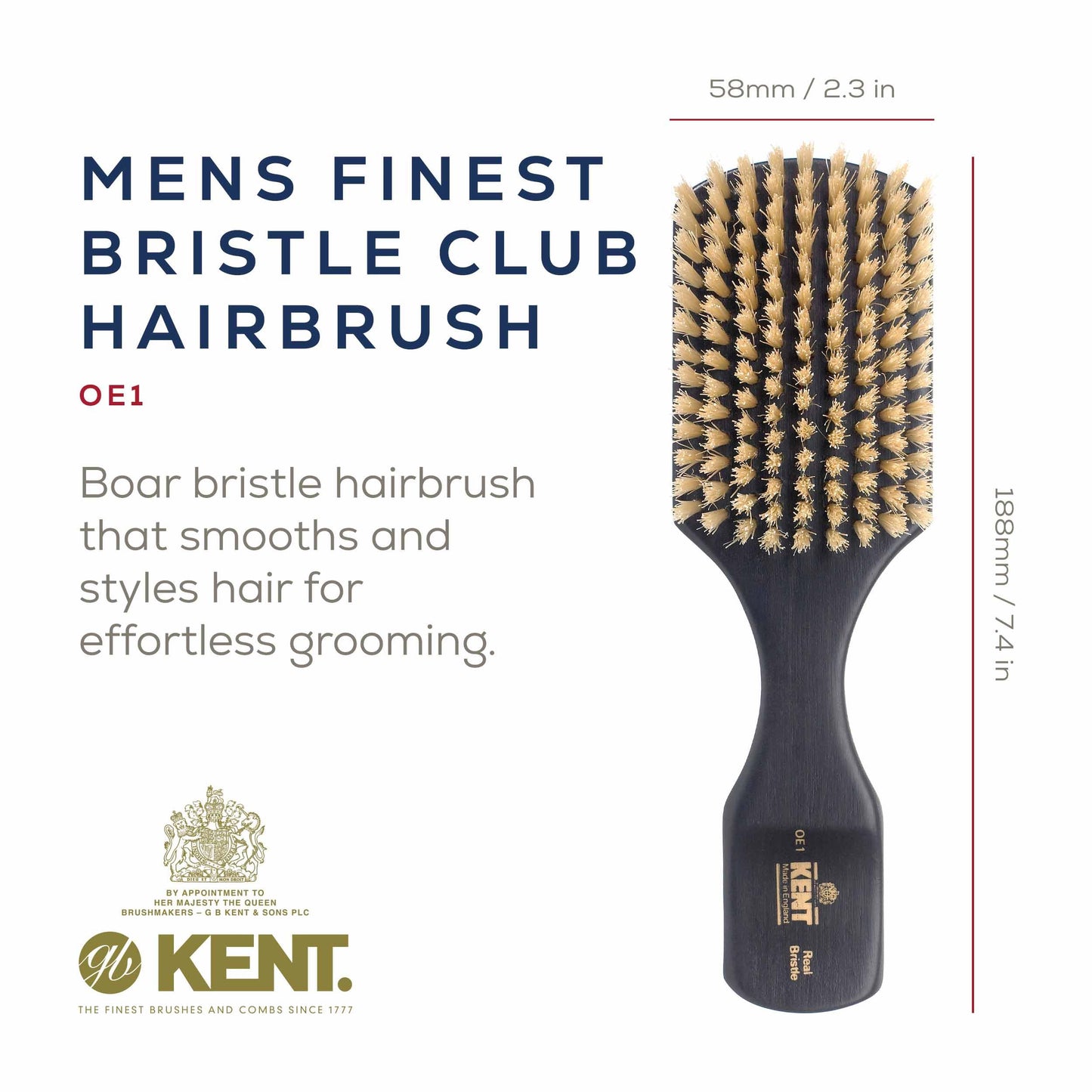 Kent OE1 Boar Bristle Club Brush, Travel Size Natural Boar Bristle Hair Brush for Men Wave Brush for Hair and Beard, Ebony Wood Finest Mens Kent Brush