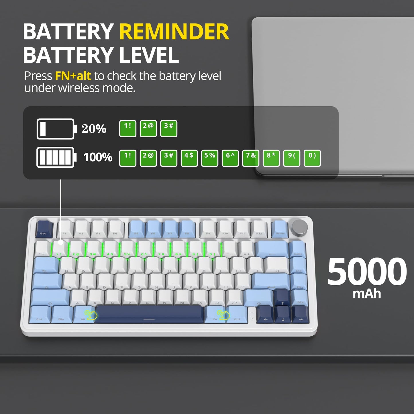surmen M75 75% Wireless Creamy Keyboard with Gasket, Pre-lubed Triple Mode Bluetooth Mechanical Gaming Keyboard BT5.0/2.4Ghz/USB with Sound Absorbing Pads Hot-Swap(Sky Blue)