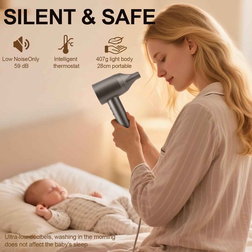 Hair Dryer High-Speed Ionic Low Noise Blow Dryer with Brushless Motor for Fast Drying, Smart Temperature Control, Lightweight, for Home Travel Salon