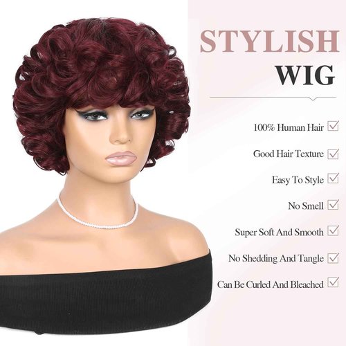Fancy Hair Short Rose Curl Human Hair Wigs Big Curly Bob With Bangs No Lace Front Human Hair Wig for Black Women Daily Use (99J)