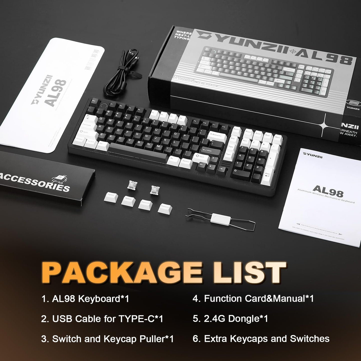 YUNZII AL98 QMK/VIA Wireless Mechanical Gaming Keyboard,Full Aluminum,BT/2.4G/USB-C, Pre-Lubed Hot Swappable Gasket Mount 1800 Layout,RGB Backlit for Win/Mac (Black, Milk Switch)