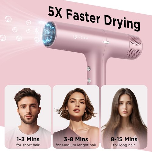 IG INGLAM Hair Dryer with Diffuser for Women, 1300W Ionic Blow Dryer with LCD Display, 3 Temps & 3 Speeds High-Speed Travel Hair Dryer with One Button Cool Air, Slim&Lightwight, Store Bag, Rose Pink