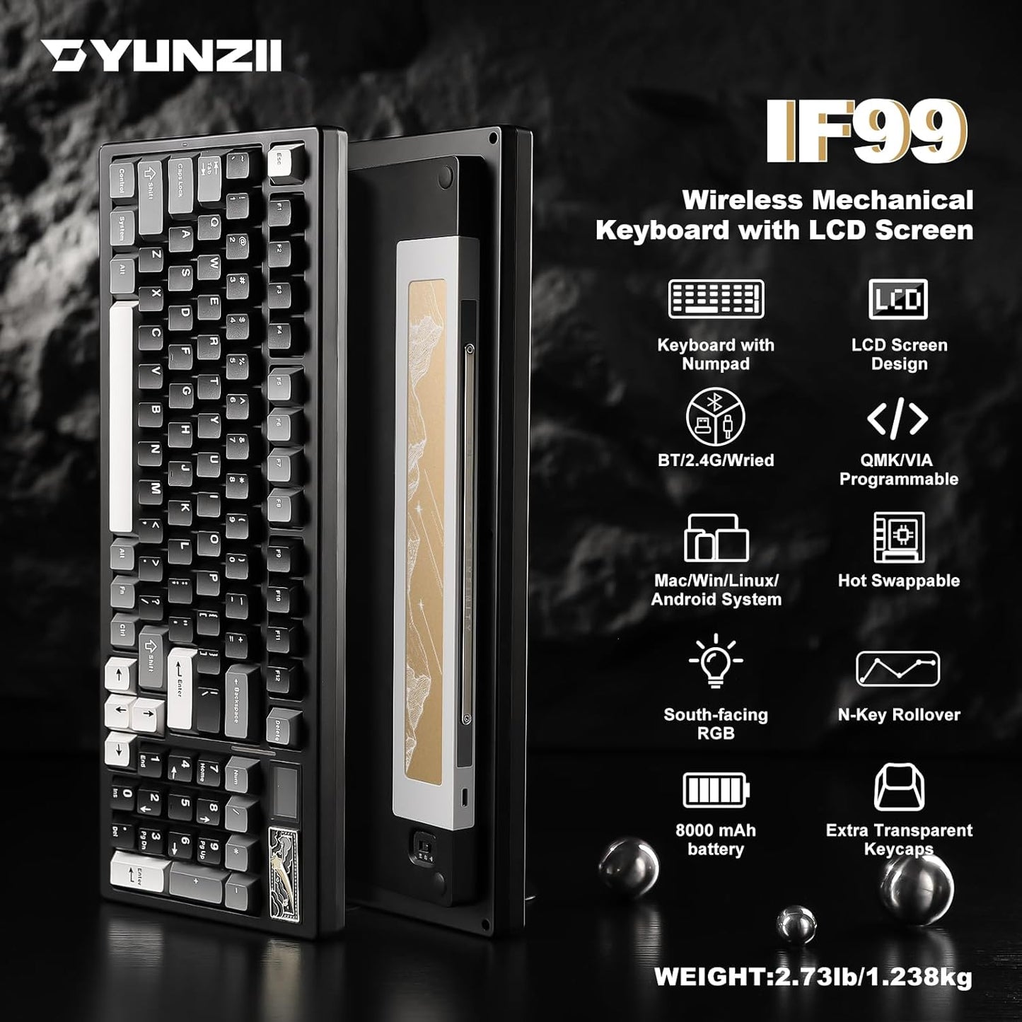 YUNZII IF99 Wireless Mechanical Gaming Keyboard(Black, Cocoa Cream V2 Switch), MOG Dye Sub PBT Keycaps(Pink Ice Cream)