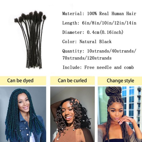 Coriario 14 Inch Dreadlock Extensions Human Hair 0.4cm 40 Strands Natural Black Handmade Permanent Loc Extensions Real Human Hair Dreads Extensions for Women Men Can Be Dyed, Curled and Bleached