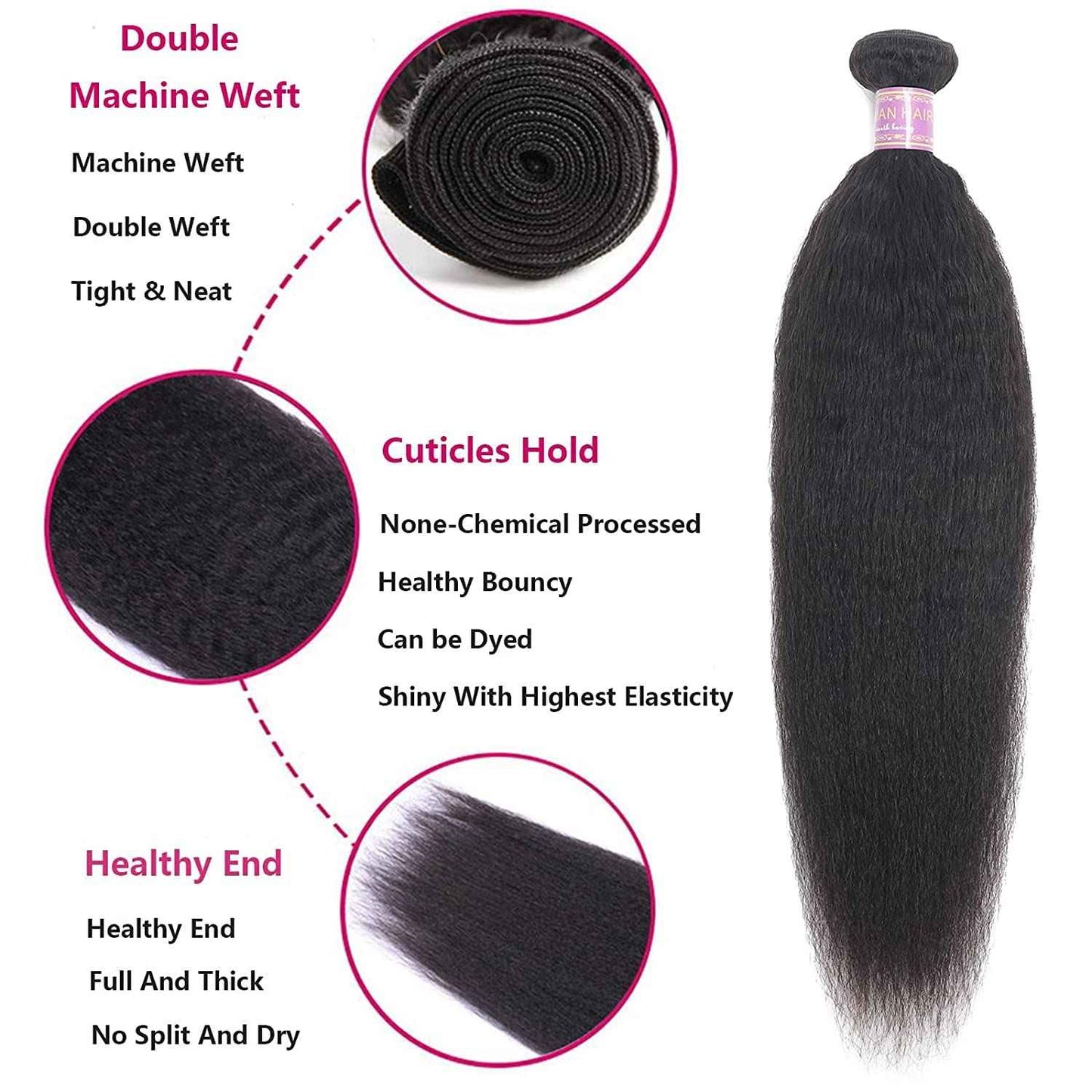 Kinky Straight Human Hair 1Bundles 20Inch Yaki Straight Human Hair Extensions 100% Unprocessed Brazilian Virgin Kinky Straight Human Hair For Black Women Natural Black (20Inch, 1 Bundles)