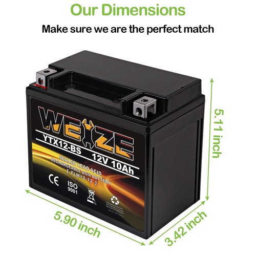 Weize YTX12-BS Motorcycle Battery High Performance - Maintenance Free - Sealed YTX12 BS AGM Rechargeable ATV Batteries compatible with Honda Kawasaki Suzuki