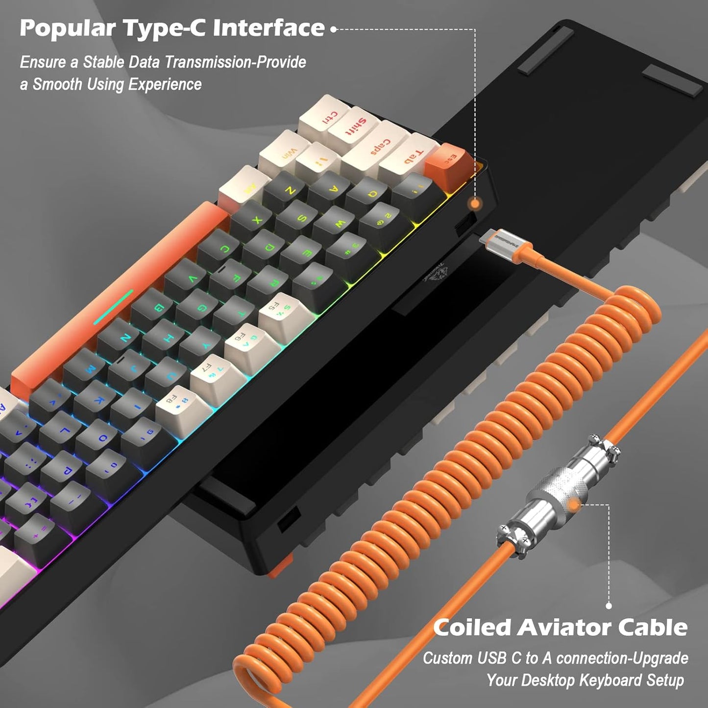 ZIYOU LANG RK-T60 Wired Mechanical Gaming Keyboard and Mouse Combo Portable with Rainbow Backlit 62Key NKRO 6400DPI RGB Honeycomb Mice Coiled Aviator Cable for PS4/PC/WIN Gamer(Light Gray/Red Switch)