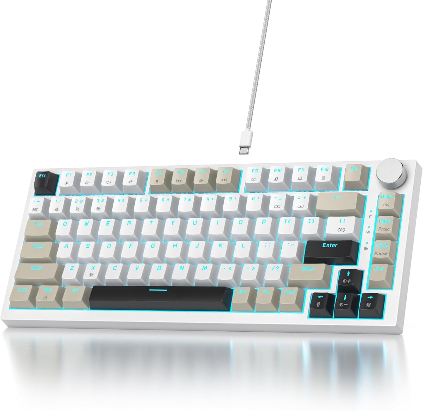 75% Wired Creamy Keyboard, Hot Swappable Mechanical Gaming Keyboard with Gasket Mounted, RGB Backlit, Red Switch, Knob Control for Win Pc Laptop(82White)