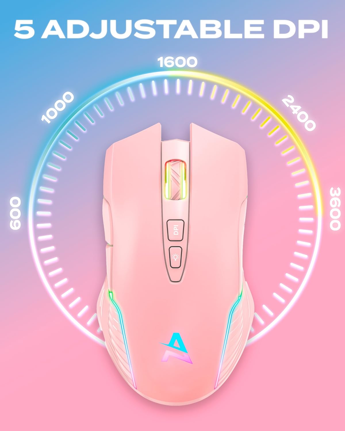 Aimzone Pink Gaming Mouse with RGB, USB Wireless Mouse for Gaming with Adjustable DPI, Multiple LED Lightning Effects, Rechargeable Wireless Mouse, Full Compatible with Mac & Windows (Pink)