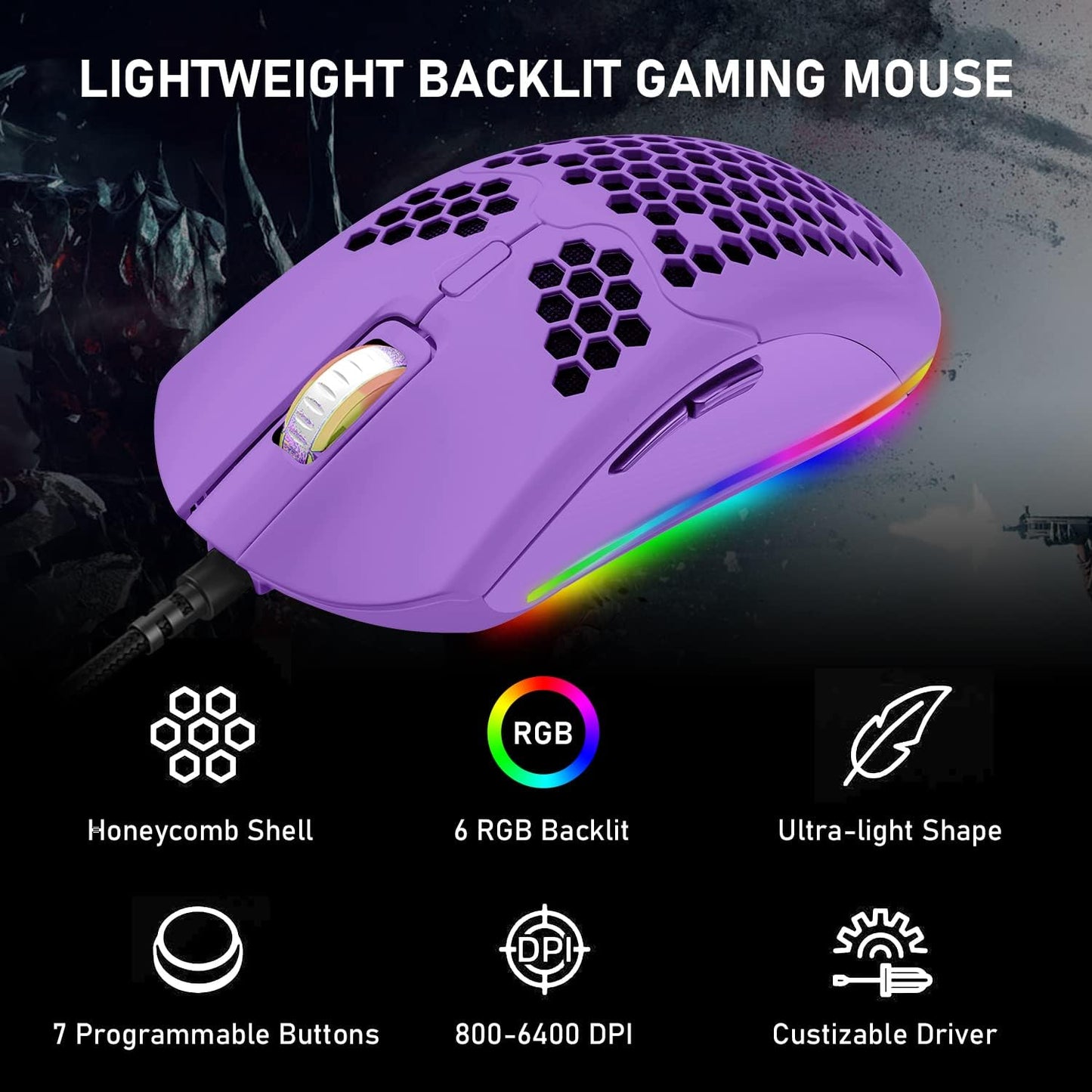 ZIYOU LANG Wired Lightweight Gaming Mouse,6 RGB Backlit Mouse with 7 Buttons Programmable Driver,6400DPI Computer Mouse