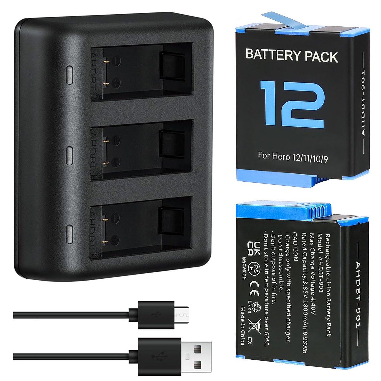 2-Pack 1800mAh Batteries for GoPro Hero 12 11 10 9, with USB Fast Charger and Protection Case, Perfectly Compatible with GoPro Hero 12 11 10 9 Black