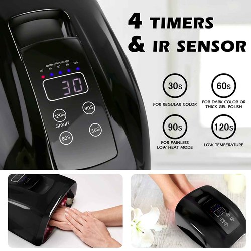 90W Professional Wireless Cordless Rechargeable UV LED Nail Lamp,Nail Lamp Gel Nail Curing Dryer Light for Nails with 45 Beads,4 Timer Setting LCD Display Nail Polish Machine (Black)
