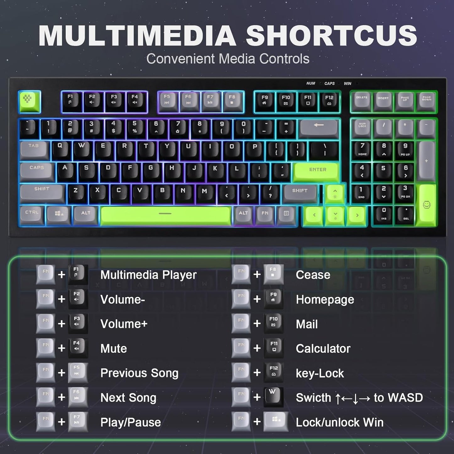 YUNZII D98 Membrane Gaming Keyboard,RGB Backlit,Full Numpad,Spill Resistance,Anti-ghosting,USB Wired,98 Keys for PC Gaming Office(Black&Green)