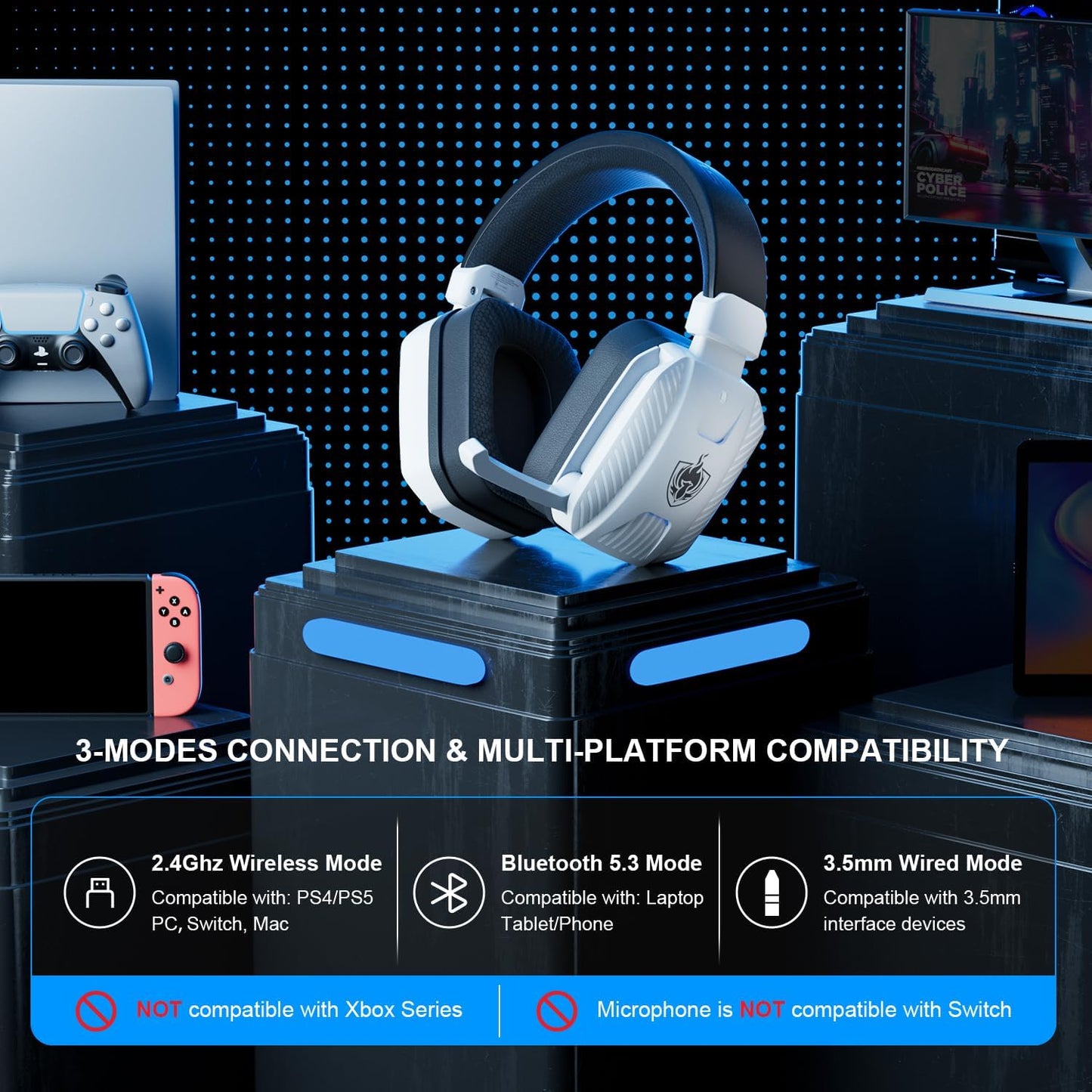 2.4GHz Wireless Gaming Headset for PS5, PS4, PC, Bluetooth 5.3 Gaming Headphones with Noise Canceling Mic, 7.1 Stereo Sound, 30+Hr Battery Gamer Headsets for Switch, Laptop, Mobile, Mac -Black