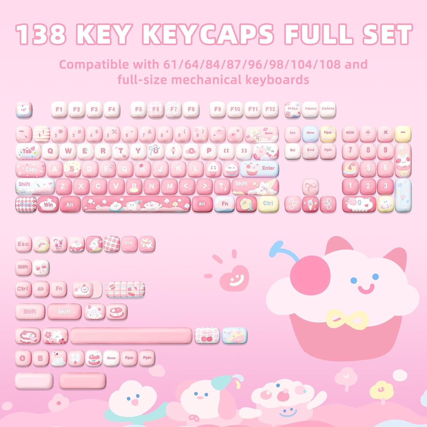 YUNZII Cute Pink Ice Cream Custom Keycaps, 138 Keys Dye Sub PBT MOG Profile Keycap Set for Mechanical Gaming Keyboards (Pink Ice Cream)