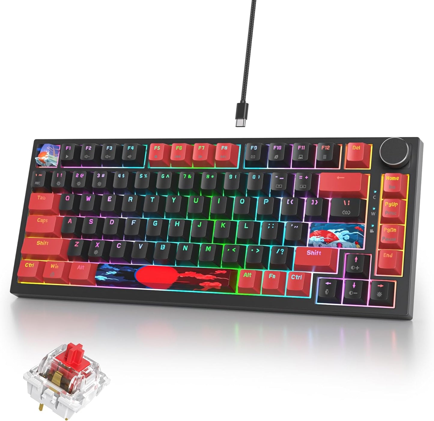 75% Mechanical Gaming Keyboard with Volumn Knob, Gasket Hot Swappable RGB, Wired, Red Switch, 82 Keys Compact Creamy (Black Grey)