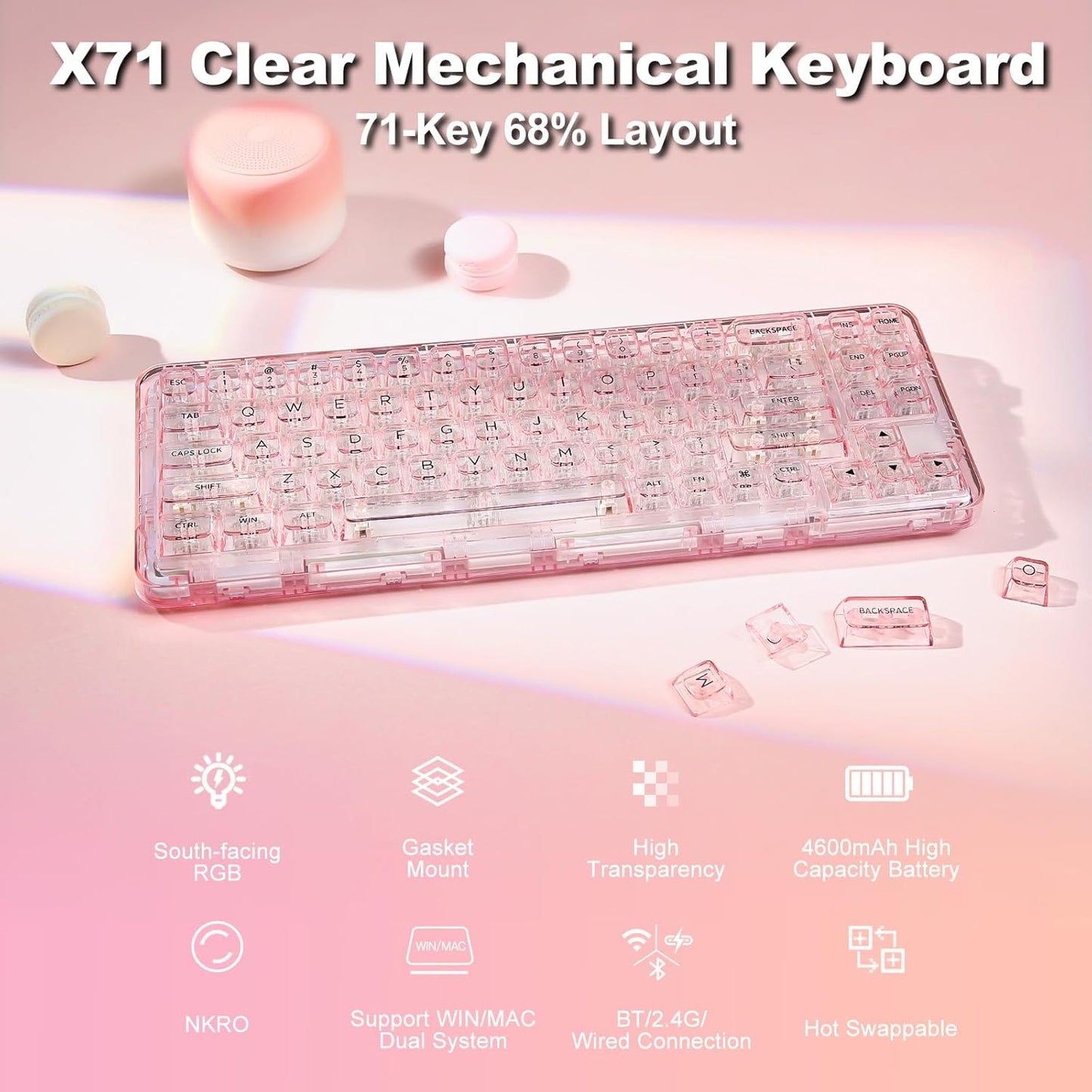 YUNZII X71 Transparent Mechanical Keyboard(Crystal Ice Switch,Pink), YUNZII Spring Tea Dye Sub PBT Keycaps(Cherry Profile, Spring Tea)