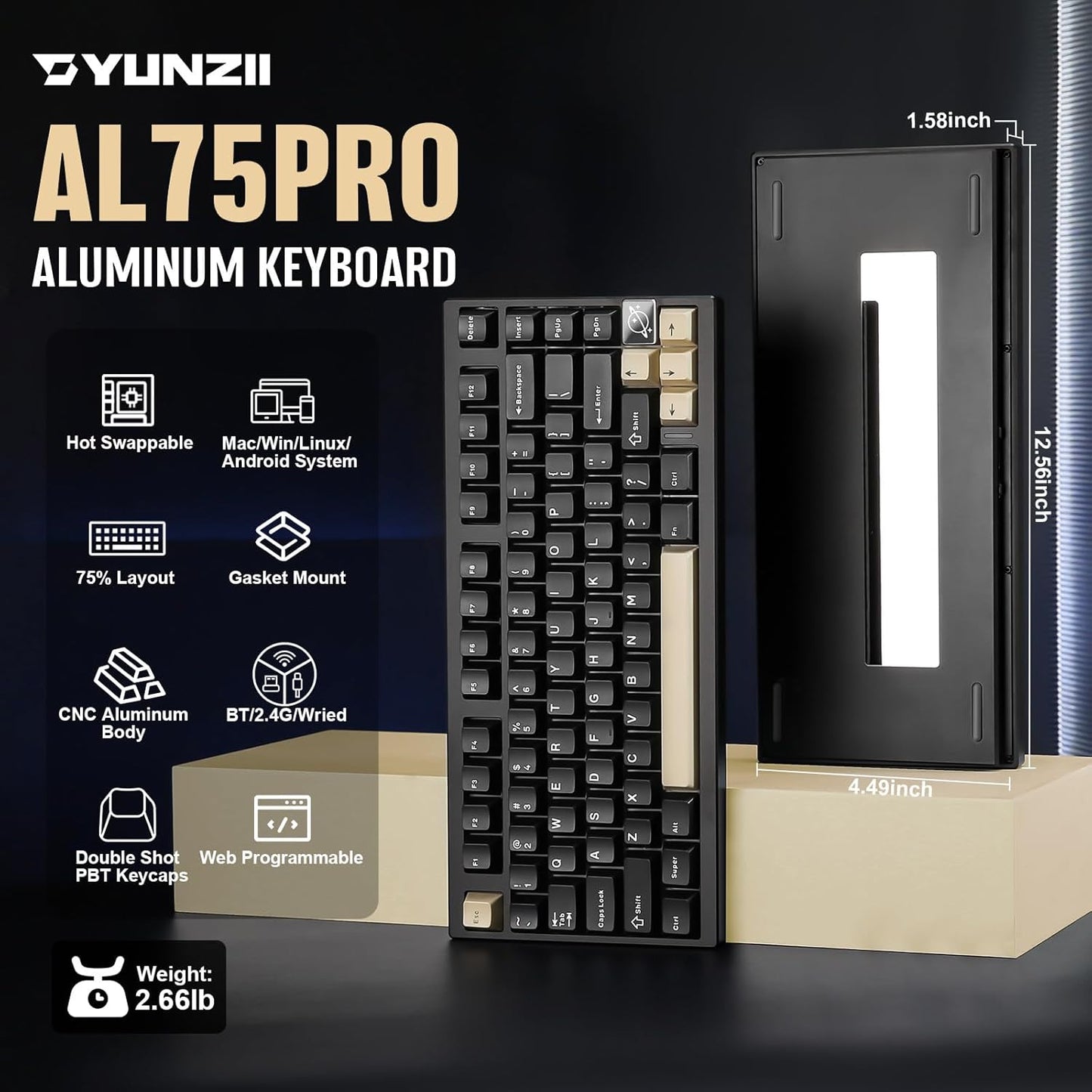 YUNZII AL75 PRO 75% Wireless Mechanical Gaming Keyboard,Full Aluminum CNC,BT/2.4G/Wired,PBT Keycaps,Gasket Mounted Hot Swap,Custom RGB Backlight, Programmable for Mac/Win (Black, Cocoa Cream V2)