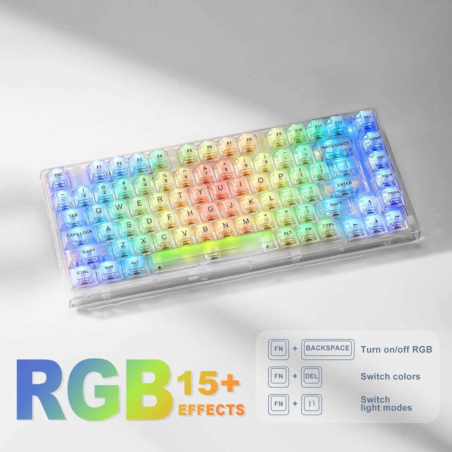 YUNZII X75 PRO 82 Key Wireless Hot Swappable Mechanical Gaming Keyboard with Transparent Keycaps,Gasket Mount,BT5.0/2.4G/USB-C for Windows/Mac(Crystal Ice Switch, Wireless-White)