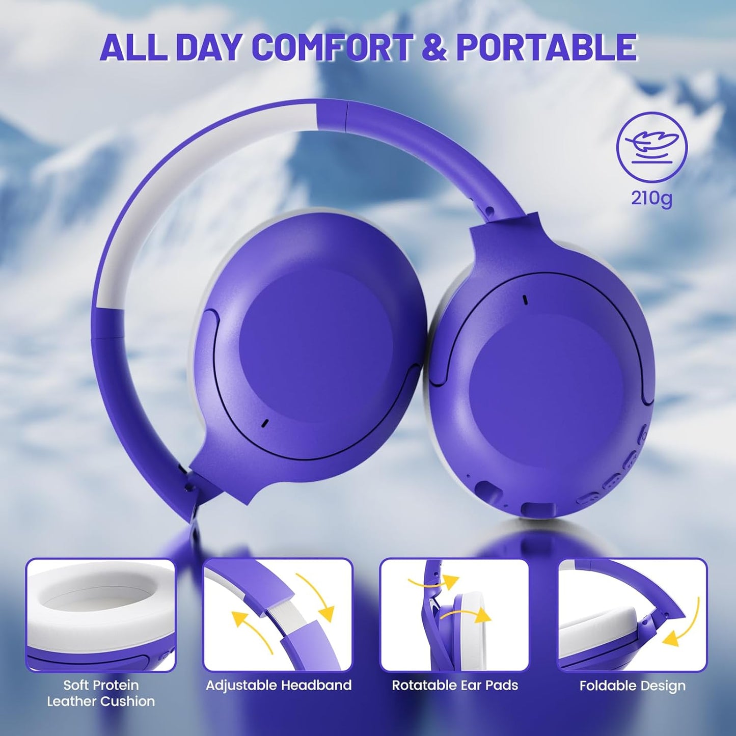 ATTACK SHARK G300 Active Noise Cancelling Wireless Headphones, Ultra Light Foldable Over-Ear Wired/Bluetooth Headset, 20H Playtime, Built-in Mic Hands Free Talking for Travel, Office, Home - Purple