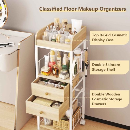 DongRong Makeup Organizer Cart, Rolling Floor Skincare Organizer and Storage with 2 Wooden Drawers, Cosmetics Display Cases Holder for Skin Care Perfume Hair Tools Nail Polish