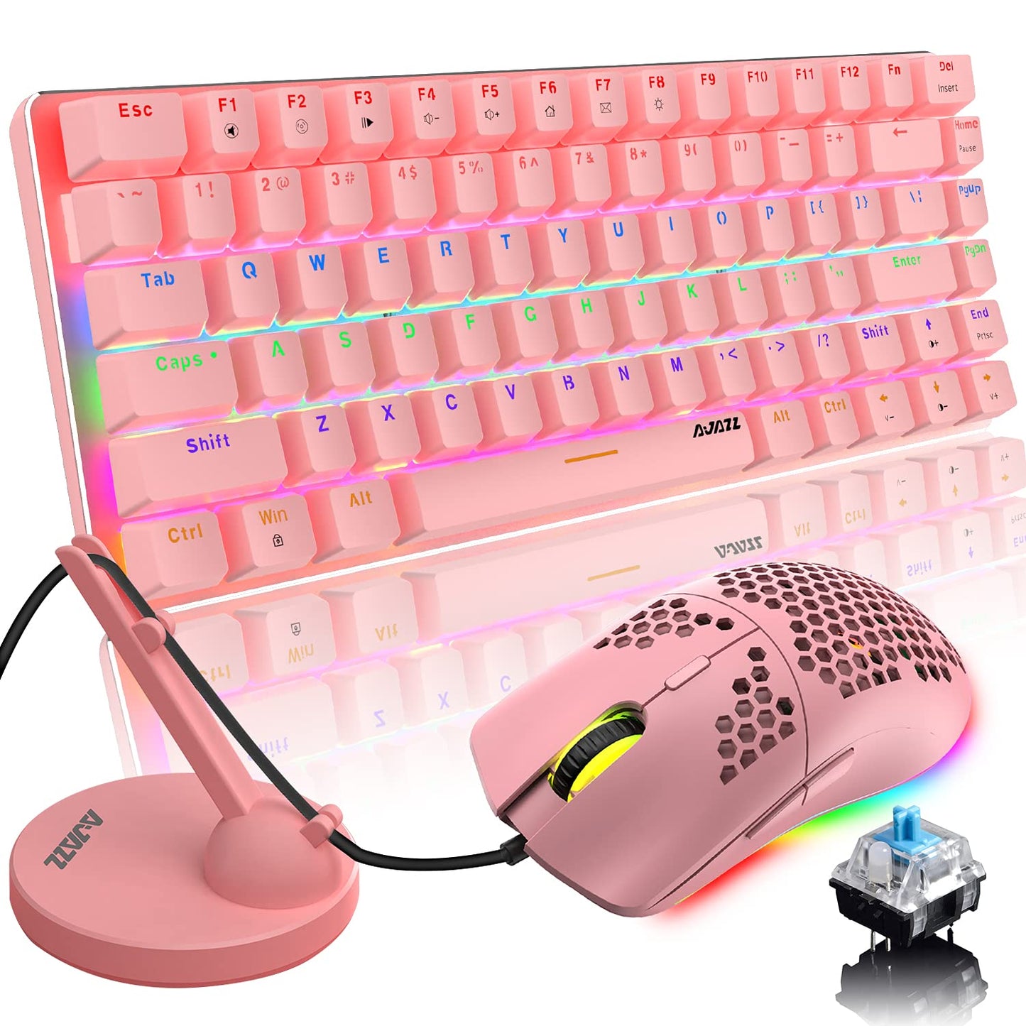 ZIYOU LANG Pink Gaming Keyboard and Mouse Combo,Rainbow LED Backlit Mechanical Keyboard,6400 DPI RGB Ultralight Gaming Mouse,Pink Mouse Bungee,for Game and Office