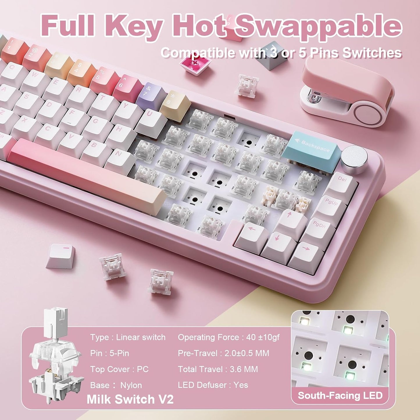 YUNZII B68 Wireless Mechanical Keyboard,Tri-Mode BT5.0/2.4GHz/USB-C,Cute PBT Keycaps,Hot Swappable Creamy Typing Gasket Mounted,RGB Backlit NKRO for Win/Mac (Beige, Milk V2 Switch)