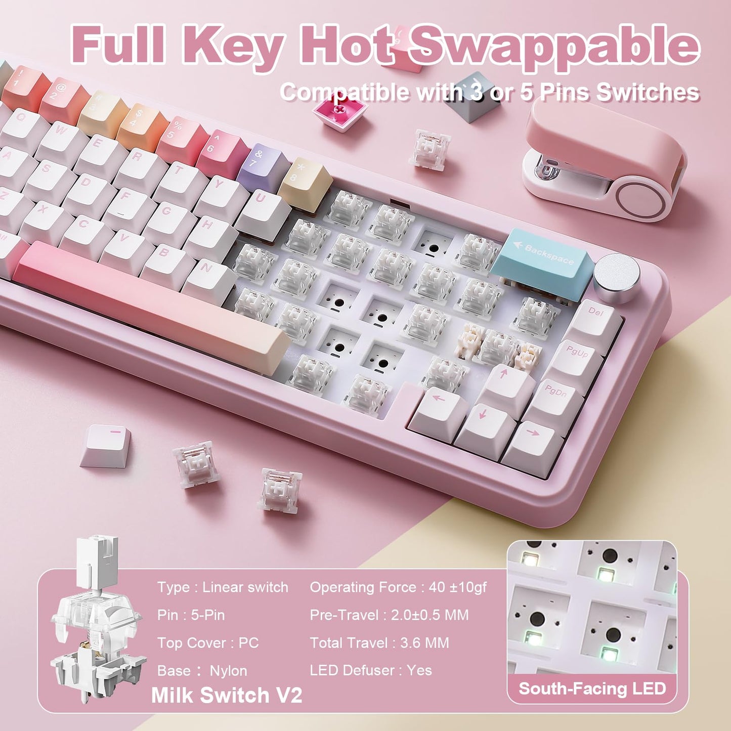 YUNZII B68 Wireless Mechanical Keyboard,Tri-Mode BT5.0/2.4GHz/USB-C,Cute PBT Keycaps,Hot Swappable Creamy Typing Gasket Mounted,RGB Backlit NKRO for Win/Mac (Pink, Milk V2 Switch)