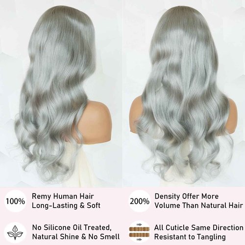 Mscathy Halloween Wigs 200% Grey Human Hair Wigs Body Wave 13×4 UHD Transparent Pre Plucked Pre Cut Gray Lace Front Wig Virgin Human Hair Glueless Lace Front Wigs for Women (20 Inch, Grey body wave)