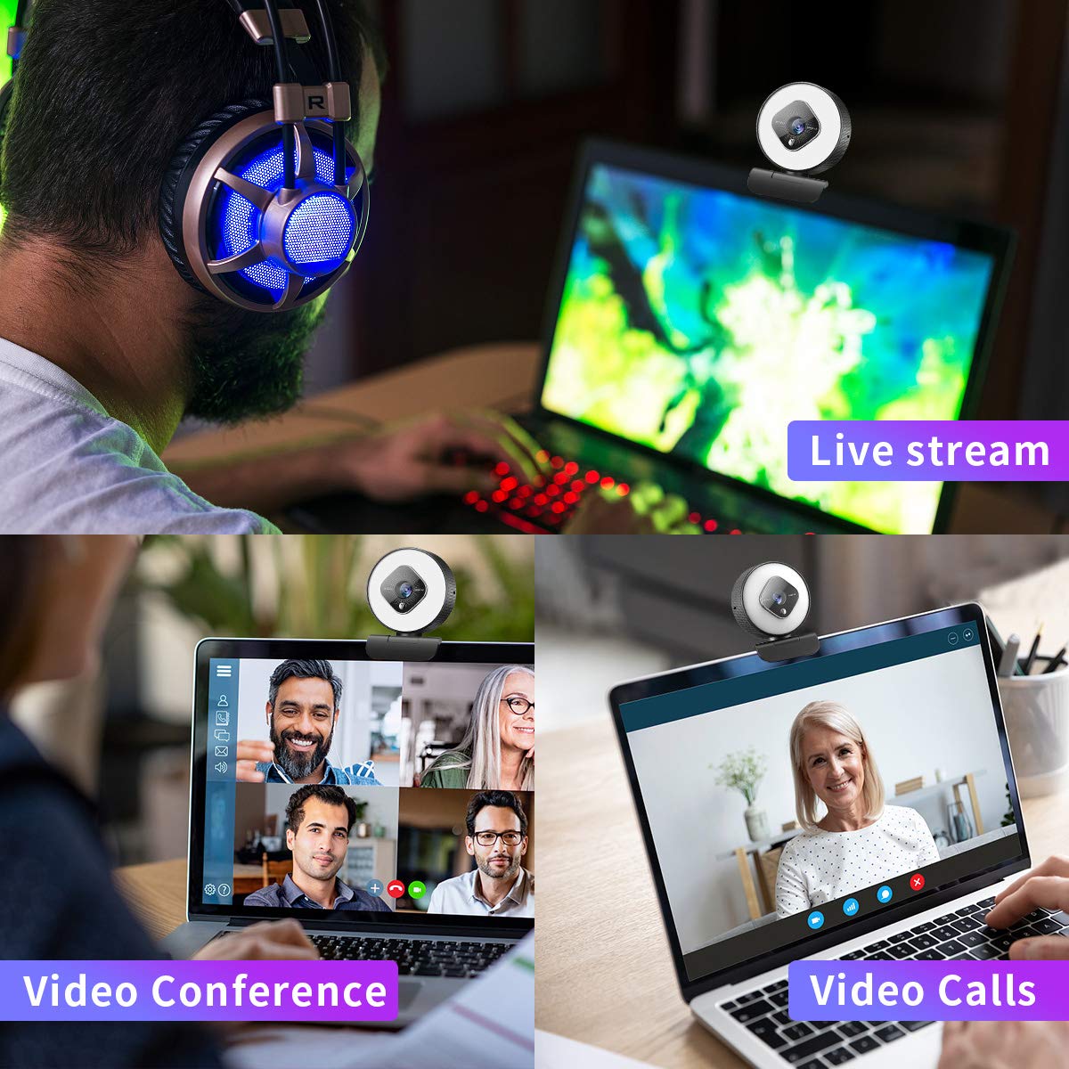 1080P Webcam for PC with Ring Light and Dual Microphone, Auto-Focus Webcam for Streaming, Adjustable Brightness Web Cam, USB Webcam for Zoom Skype| YouTube | PC | Mac| Laptop Desktop