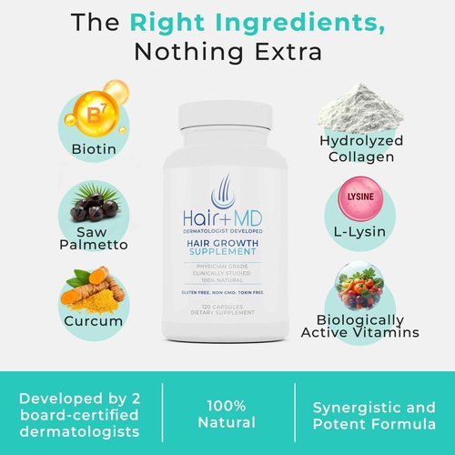 Hair Plus MD Hair Growth Supplement, 120 Capsules – Supports Hair Growth & Density – Dermatologist-Developed with Collagen & Vitamins – Gluten-Free, Toxin-Free, Non-GMO – 1 Month Supply