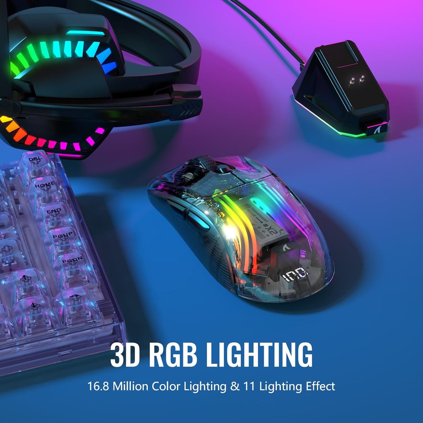 A.JAZZ Wireless Gaming Mouse with Full Transparent,Tri-Mode 2.4GHz/Bluetooth/Wired Mouse,Digital Display,Charging Base,3D RGB Backlit,Silent Mice with 7 Buttons,Wireless Mice for Laptop,PC,Mac(White)