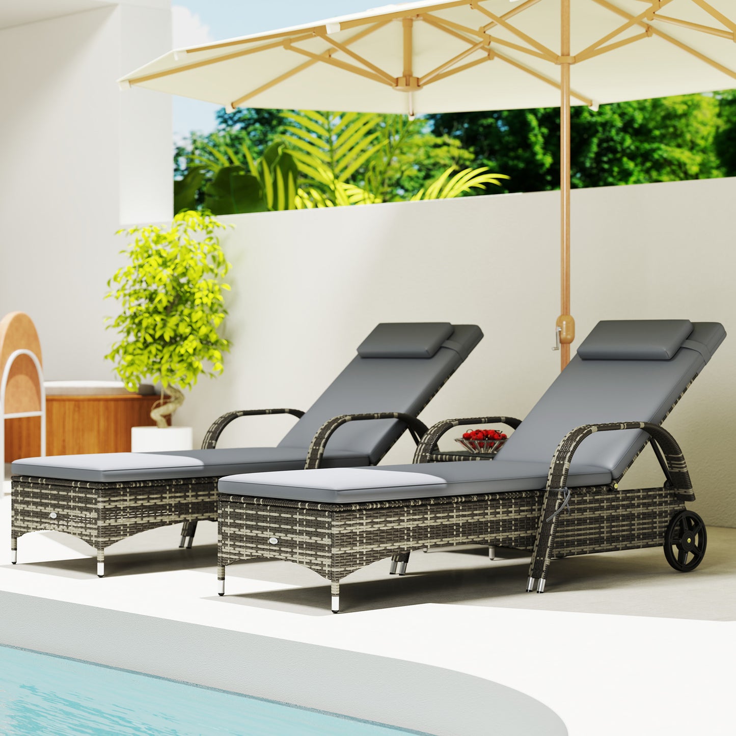 Adjustable Patio Wicker Chaise Lounge Chair Set with Table - Gray