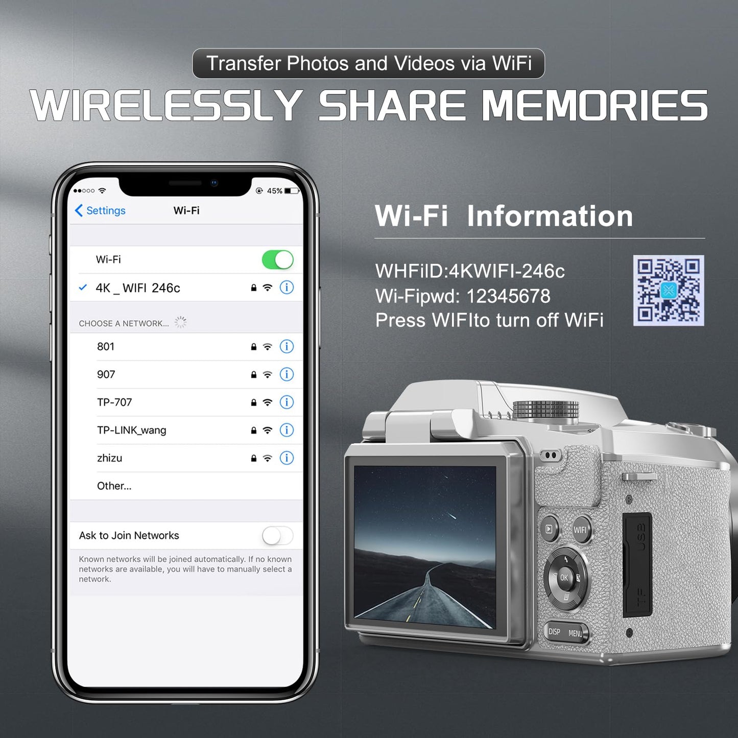 64MP 5K Professional Digital Cameras for Photography - WiFi, Autofocus 16X Zoom, 3” 180° Flip Screen, 32G Card & 2 Batteries, Vlogging Camera for YouTube Live Streaming (White)
