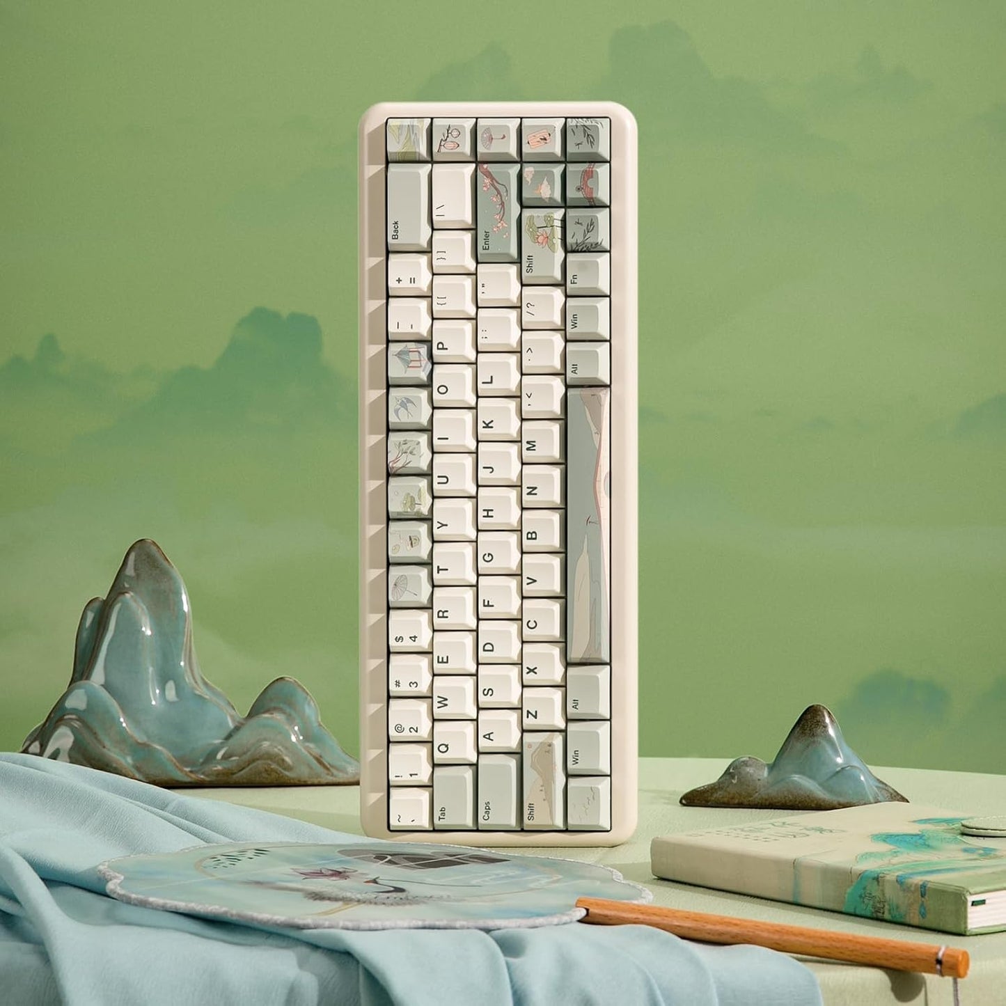 YUNZII Spring Tea Dye Sub PBT Keycaps,145 Full Keys Dye Sublimation PBT Custom Keycap Set with Key Puller for Cherry Gateron MX Switches Mechanical Gaming Keyboard (Cherry Profile, Spring Tea)