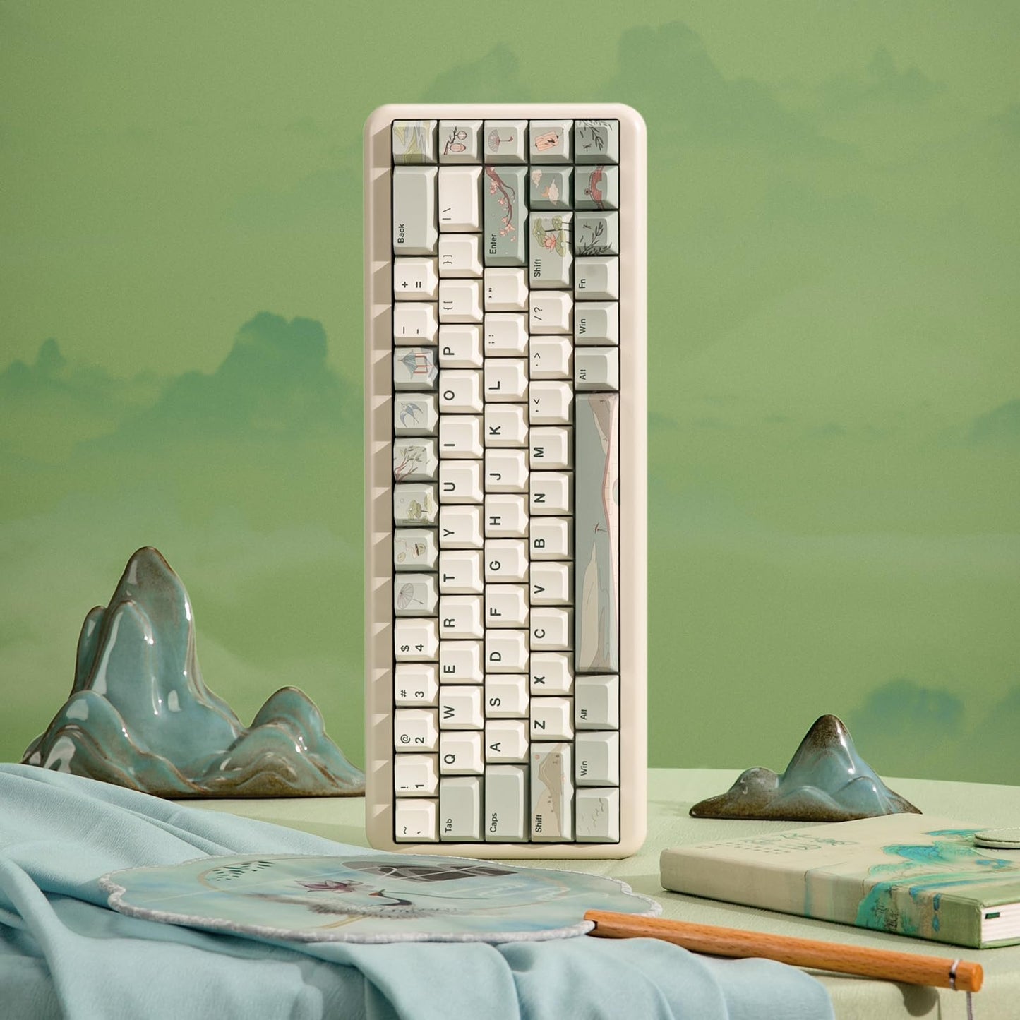 YUNZII Spring Tea Dye Sub PBT Keycaps,145 Full Keys Dye Sublimation PBT Custom Keycap Set with Key Puller for Cherry Gateron MX Switches Mechanical Gaming Keyboard (Cherry Profile, Spring Tea)