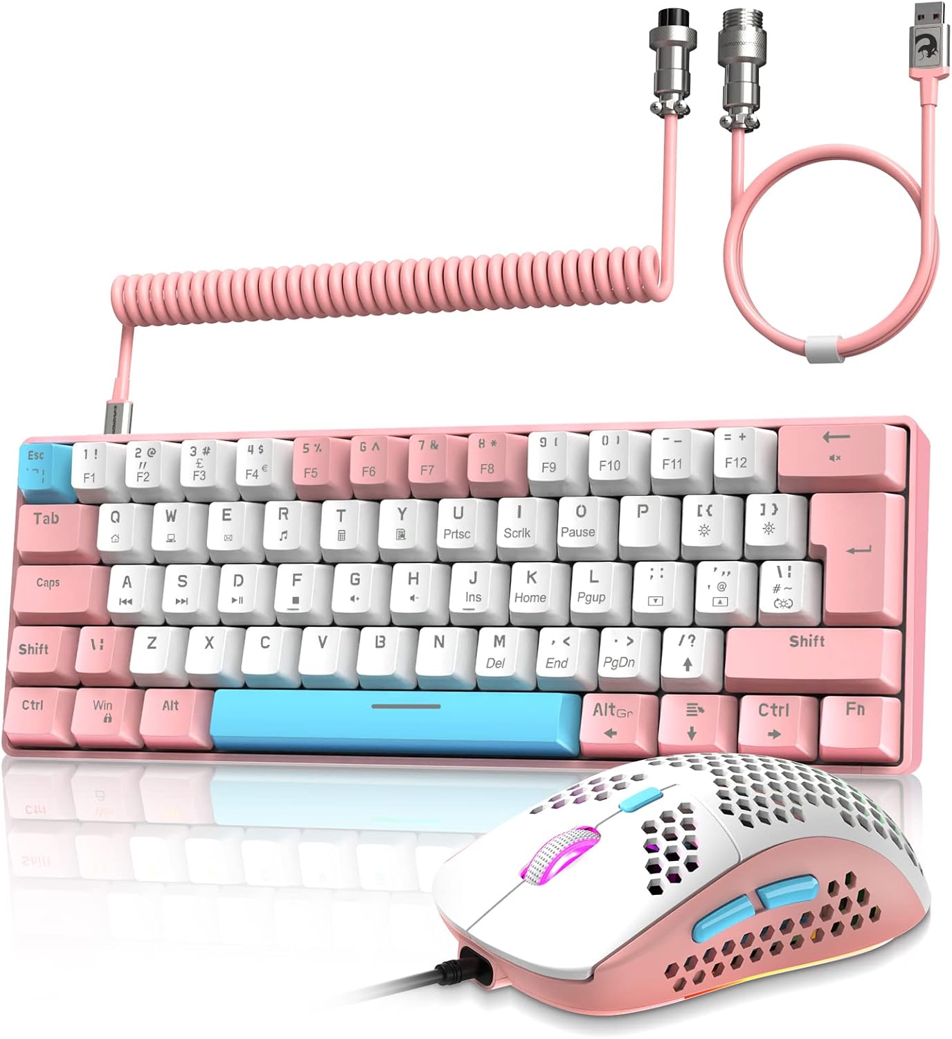 ZIYOU LANG RK-T60 Wired Mechanical Gaming Keyboard and Mouse Combo Portable with Rainbow Backlit 62Key NKRO 6400DPI RGB Honeycomb Mice Coiled Aviator Cable for PS4/PC/WIN Gamer(Light Gray/Red Switch)