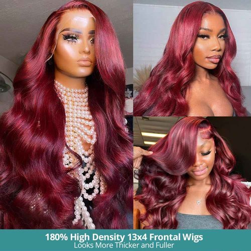 Allove Burgundy Lace Front Wigs Human Hair Pre Plucked 180% Density 22inch Body Wave Lace Front Wigs with Baby Hair 13x4 Glueless HD Transparent Frontal Wigs For Women