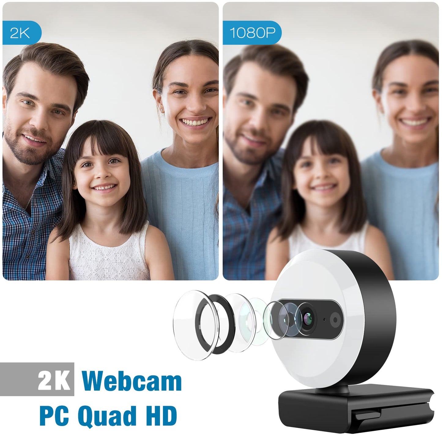 2K Webcam with Light and Tripod, Full HD PC Camera Built-in Privacy Cover, 360° Rotation, Adjustable Brightness, Plug and Play USB Computer Webcam for Meeting, Live Streaming, Video Calls, Gaming