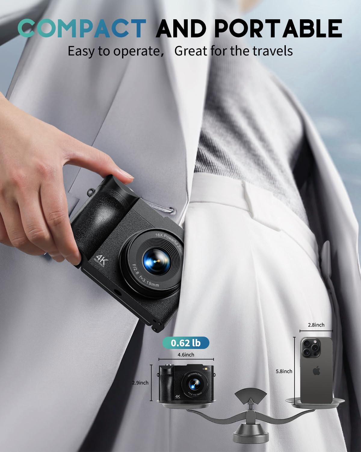 4K Digital Camera for Photography, 50MP Vlogging Camera for YouTube, Compact Cameras with 2.8" 180° Flip Screen, 16X Digital Zoom, Point and Shoot Camera with 32GB SD for Beginners, Travel, Family