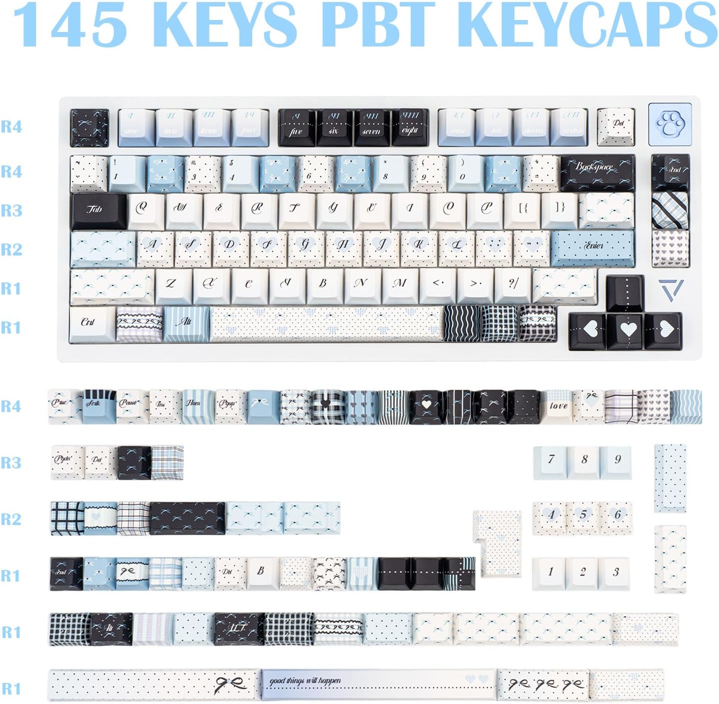 145 Keys PBT Keycap Cherry Profile, Light Blue White Black Bow Aesthetic Dye Sublimation Gaming Custom Keycaps for ANSI/ISO Layout Mechanical Keyboards