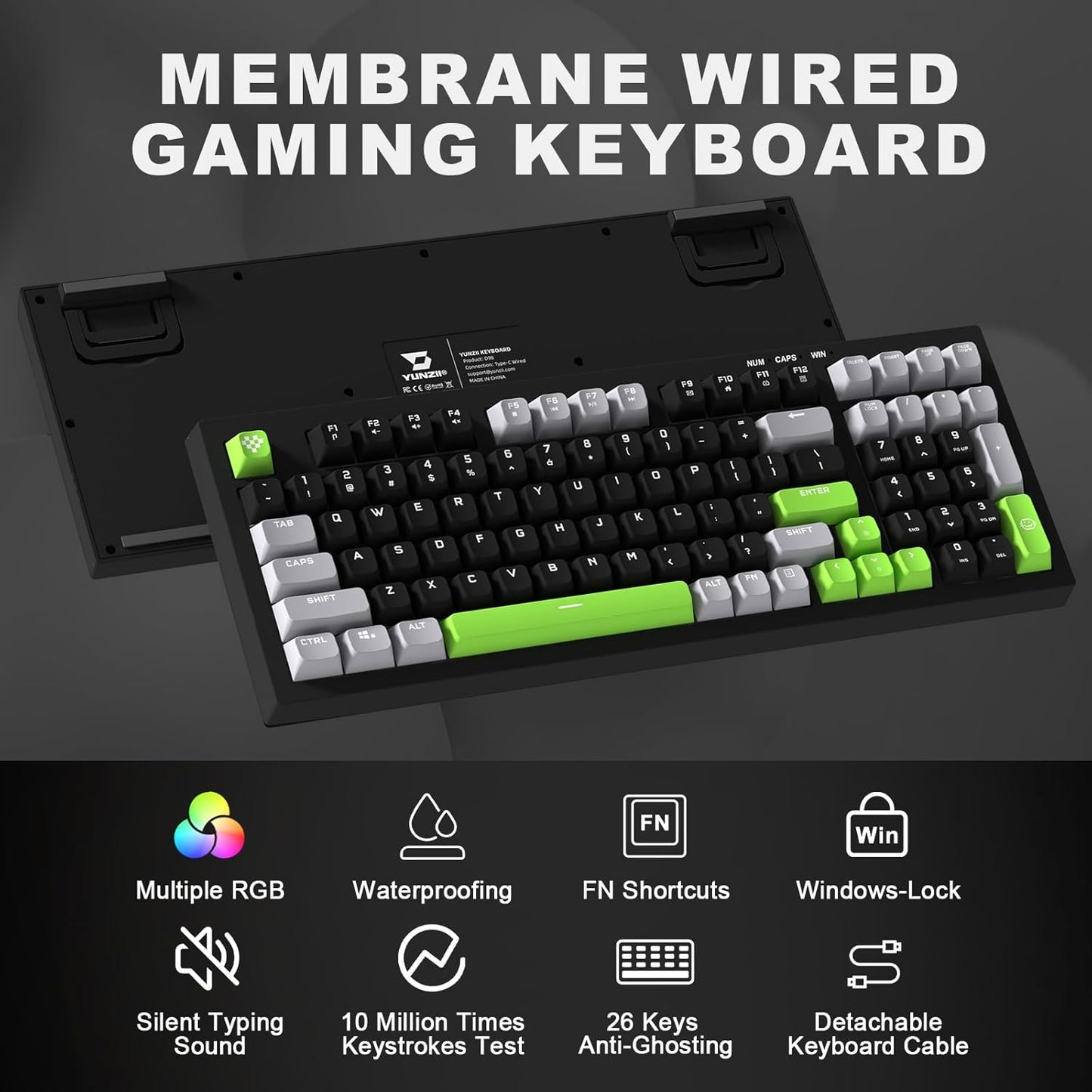 YUNZII D98 Membrane Gaming Keyboard,RGB Backlit,Full Numpad,Spill Resistance,Anti-ghosting,USB Wired,98 Keys for PC Gaming Office(Black&Green)