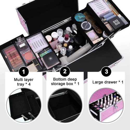 TOPACK Rolling Makeup Train Case,Professional Cosmetology Case on Wheels,Large Cosmetic Organizer Trolley Case,Makeup Travel Case with Draws,Nail Artist Hairstylist Storage Traveling Cart Trunk,Pink