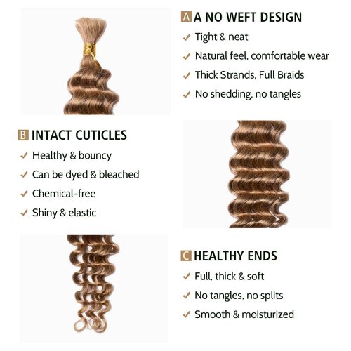 Wequeen 16A Human Braiding Hair Deep Wave 100g 18 Inch 100% Unprocessed Brazilian Virgin Hair No Weft Bulk Human Hair for Braiding Curly Hair Extensions for Boho Braids, Honey Blonde