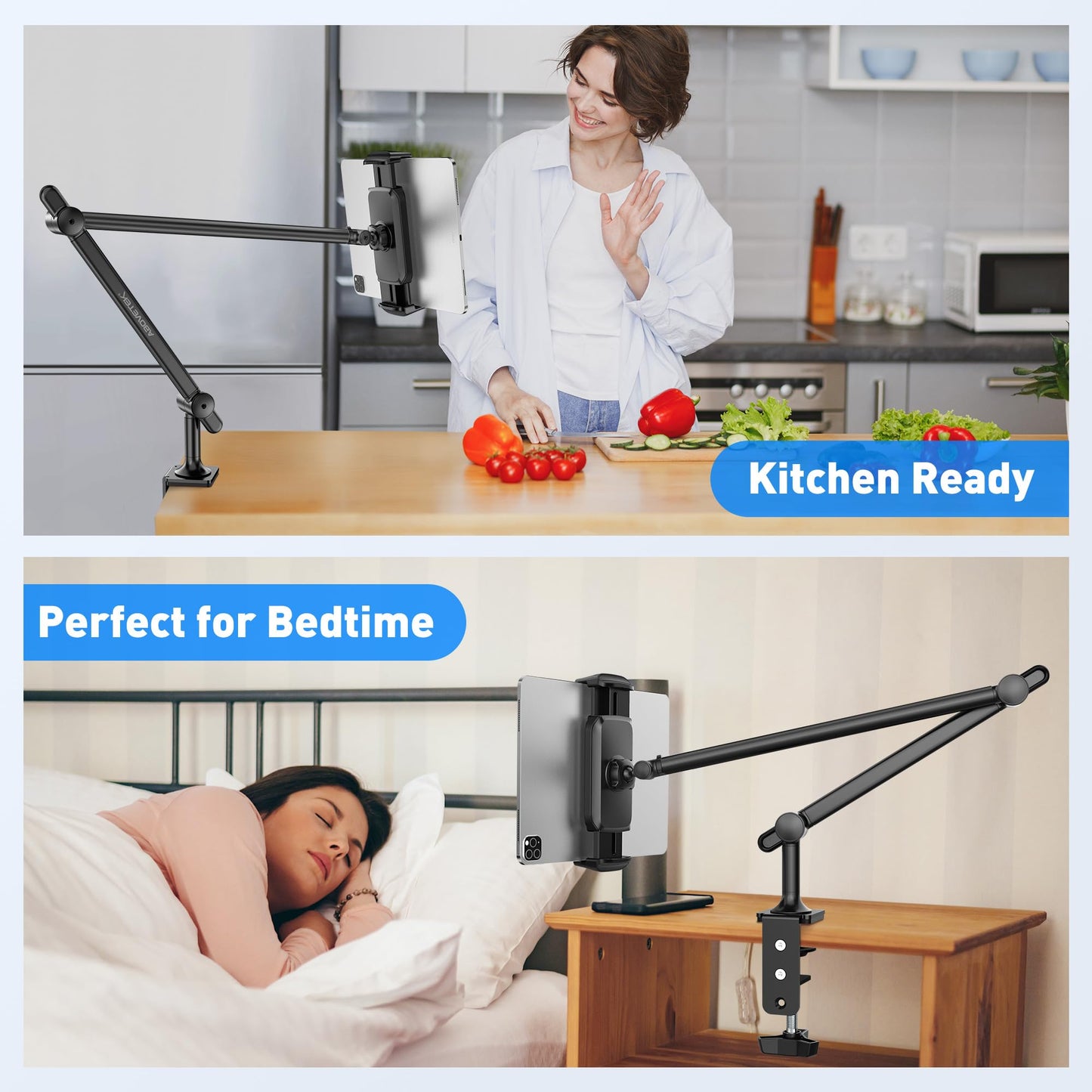 AboveTEK Tablet Stand Holder, Aluminum iPad Holder for Desk & Bed, Adjustable Arm Clamp Mount with 360° Rotation, Overhead Compatible with 4.7"-13.5" iPad Pro/Air/Mini, iPhone, Galaxy Tab- Black