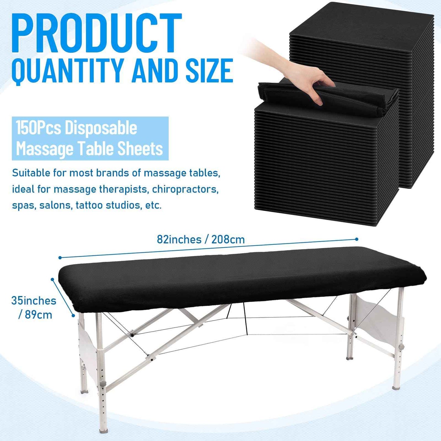 150 Pcs 82 x 35'' Disposable Massage Table Sheets Fitted with Elastic Disposable Massage Bed Covers for Spa Beauty Salon Tattoo Facial Lash Bed Breathable Waterproof Oilproof Non Woven Fabric(Black)