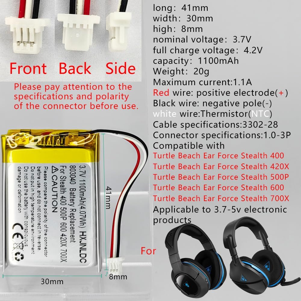 3.7V 803040 1100mAh Battery Replacement for Turtle Beach Elite 800 Elite 800X Stealth 700 Gen 2 Wireless Surround Sound Gaming Headset and DIY 3.7-5V Electronic Products Battery Replacement