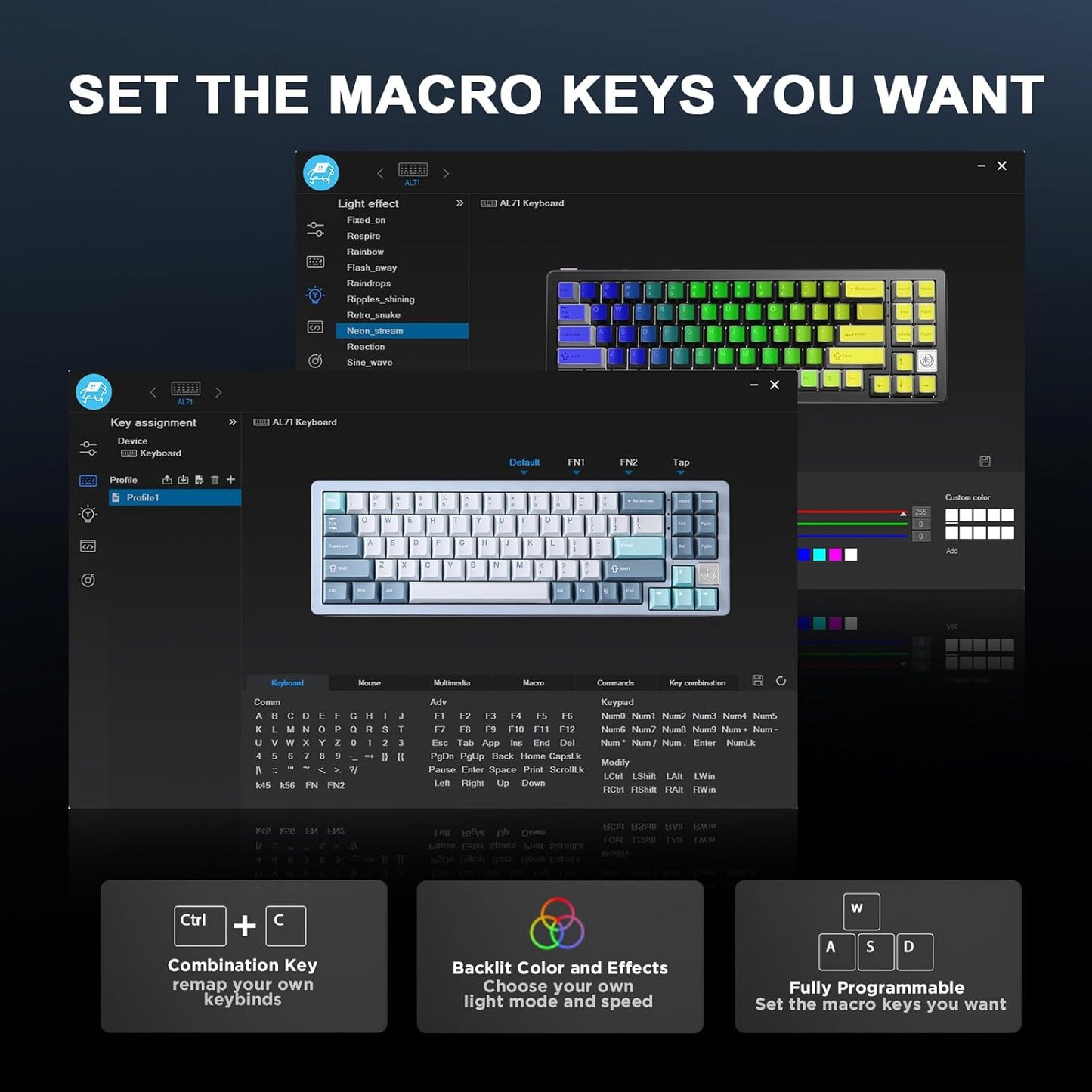 YUNZII AL71 75% Mechanical Keyboard,Full Aluminum CNC,Hot Swappable Gasket,2.4GHz Wireless BT5.0/USB-C Wired,NKRO Programmable RGB Backlight Creamy Typing for Win/Mac(Silver,Crystal White Switch)